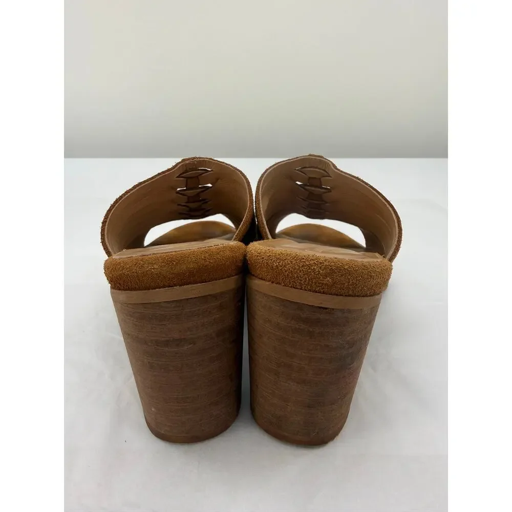 Garnet Hill Brown Suede‎ Leather Slide Sandals Chunky Heel Size 37 Boho Resort